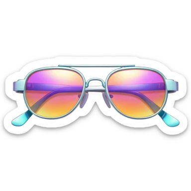 Colorful Y2K glasses with metallic frame, iridescent lenses, futuristic 2000s style sunglasses with digital vibes sticker
