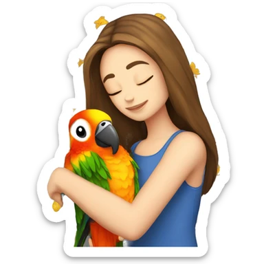 a brown haired girl kissing a sun conure on her shoulder sticker