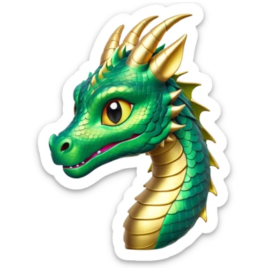 Cinematic Cute Dragon Portrait Emoji, Head tilted playfully and inquisitively, featuring a sleek, serpentine form adorned with iridescent scales that shift between emerald and gold, a delicate set of subtle horns, and round, sparkling eyes full of curious magic; rendered with realistic detail and warm natural light, high shine, affectionate and enchanting, styled with a touch of whimsical fantasy, soft glowing outline, capturing the essence of a mischievous yet lovable dragon that seems poised to slither playfully into your arms! sticker