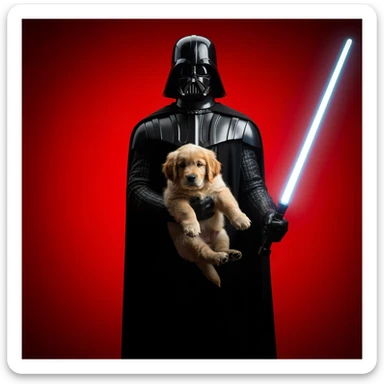 Photo of a darth vader holding puppy golden retriver, low key light, red solid background with leading lines, back light, spot light sticker
