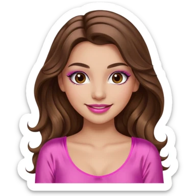 girl with long wavy brown hair, brown eyes, long lashes makeup, sexy pink lips, light to medium complexion, wearing a pink sexy silk top, smiling sticker