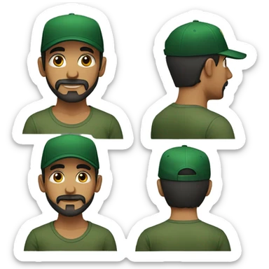 brown man with a dark beard, dark eyes, dark green t-shirt and a black cap sticker