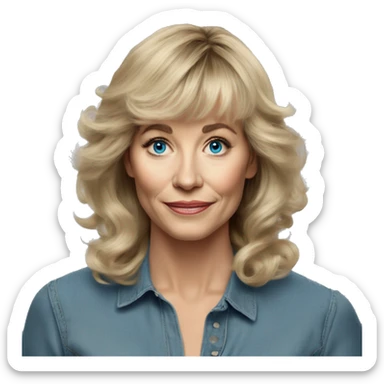 Medium length Dirty blonde poofy hair with bangs all across forehead and sides swept away from face woman of 60 with blue eyes  sticker