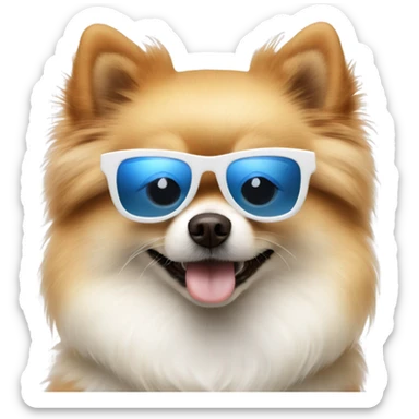 Pomeranian dog with sunglasses. Dog is mostly white and has one blue eye and one brown eye. sticker