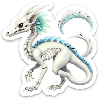 Rare realistic tribal patterned white whitish pastel colorful iridescent shiny glossy feathery skeletal epic handsome gorgeous aesthetic black-skulled Vernid-Trico-Sergal-Salandit-Nargacuga-species-Fakemon-creature by LiLaiRa, 4 legs, 1 tail, random markings, (full body) long ears sticker