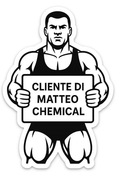 Powerlifter con in mano una targa o un foglio con scritto "Cliente di Matteo Chemical" sticker