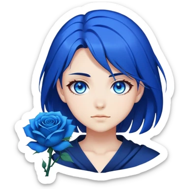 anime girl emoji with dark blue hair, blue rose, intense blue glowing eyes, Solo Leveling style, blue magical aura, high contrast, 2D sticker
