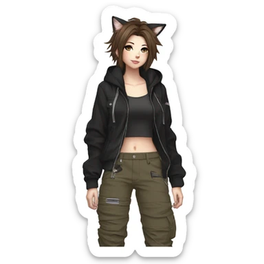 Edgy cool shy beautiful pretty anime punk tomboy with cat ears techwear cargo pants hoodie brown hair sticker