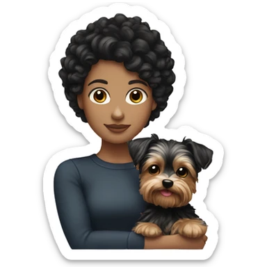 White girl with curly black hair holding Yorkie  sticker