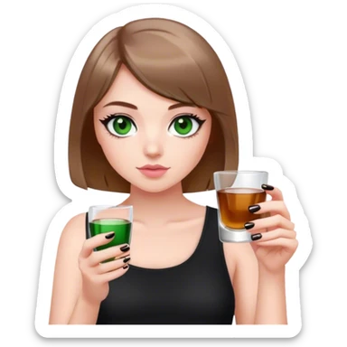 dark green eyes light brown hair white girl with short bob no bangs with a shot glass wearing black light pink nails sticker