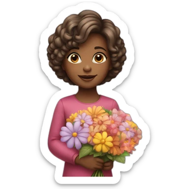 beautiful little girl with a bouquet of flowers in her hands on a big balloon sticker