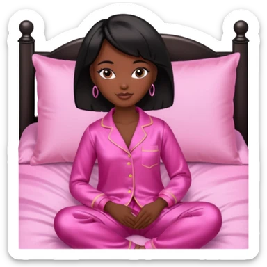 Dark skin Black barbie, short  black bob  hair, pink pajamas in bed  sticker