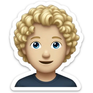 boy with curly hair and blue eyes and blond hair, dark blue shirt, black pants, white shoes sticker