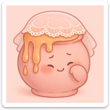 cute honeypot with lace veil, blushing cheeks, small smile, hiding bashfully behind its arm, honey drips down, blush pink color scheme sticker