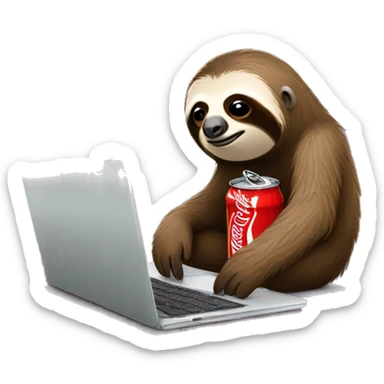 tired sloth with coca cola can and laptop sticker