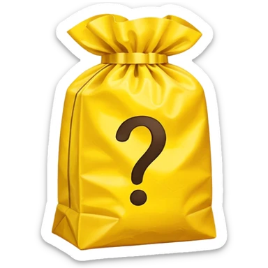 yellow goodiebag with questions mark boxes stuffed in it sticker