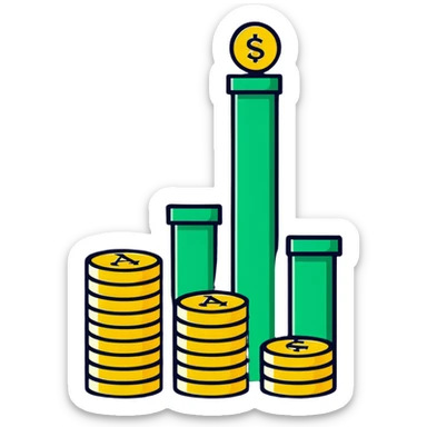 green upward arrow next to three stacks of gold coins in ascending height sticker