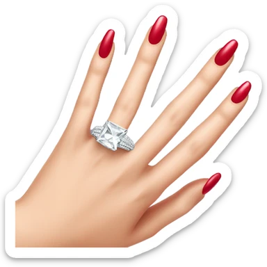 Detailed close up of a diamond ring on hand with 5 fingers and red nail polish sticker