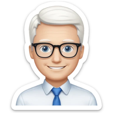 Thin white man, short white hair, black thin square glasses, white shirt, blue eyes, ceo sticker
