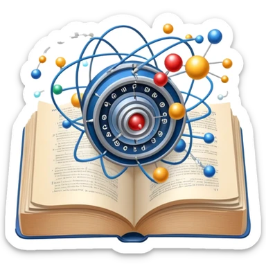 An icon featuring a physics textbook, a large Hadron Collider with particles flying off, symbolizing the study of physics. The design includes atomic models, energy waves, and scientific formulas, representing fundamental physical principles and research. Transparent background. sticker