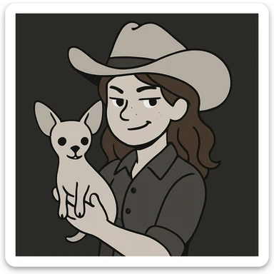 portrait of a tanned female cowboy with subtle freckles, brown hair with auburn highlights, rebellious and playful expression, holding a beige-brown chihuahua, minimalist style, clean illustration, simple shapes, muted colors, dark background sticker