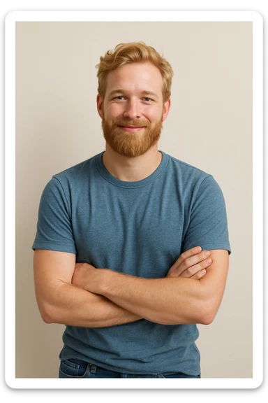 bearded blonde male, casual style, friendly look, minimal background sticker