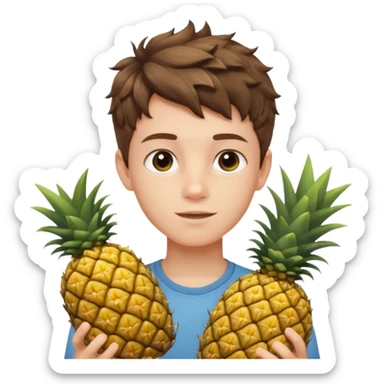 Pale young teenage boy with short wavy brown hair holding pineapple sticker
