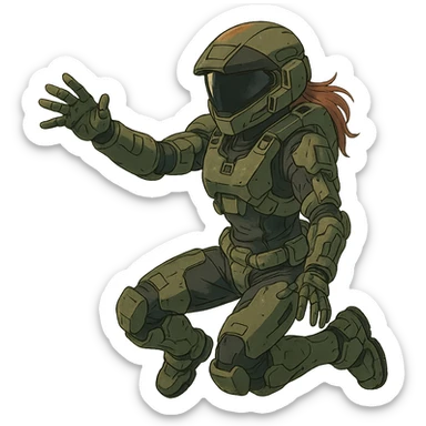 1 female, strengthened sIII spartan-3 helmet with a black visor, a tactical female space warrior floating in zero-g EVA operations, reaching in front of her sticker