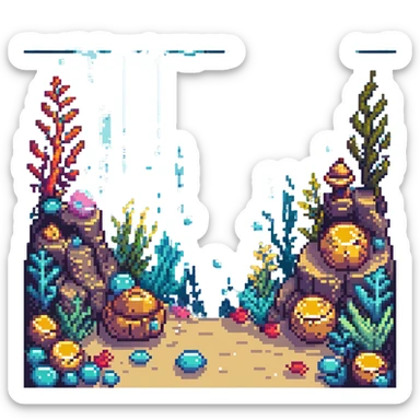 underwater level with bubbles, seaweed, and treasure in pixel art style sticker
