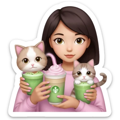 asian girl with short dark brown hair and dark brown eyes with a soft girl pink glowup aesthetic, matcha latte, 2 ragdoll cats, and sparkles sticker