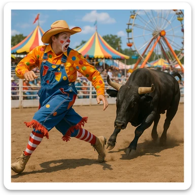 rodeo clown dodging a bull, colorful outfit, lively action, western fairground sticker