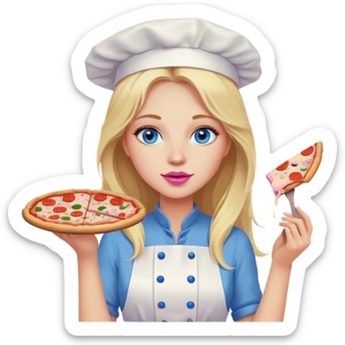 Cinematic realistic beautiful blonde with long hair, blue eyes and pink lips in a white dress cooks pizza sticker