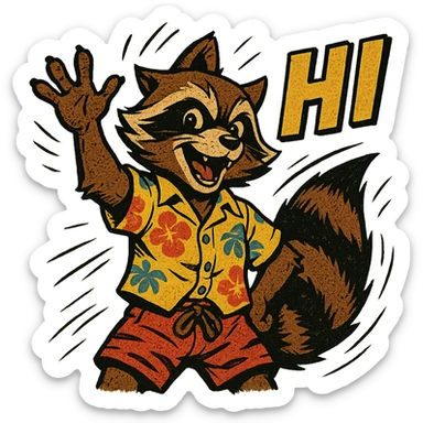 Rocket Raccoon Marvel Rivals summer skin, comic book style, waving, with text 'HI', transparent background sticker