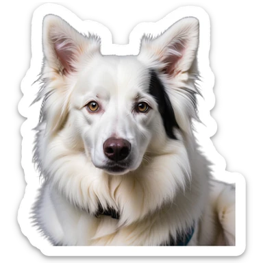 A pure white Border Collie dog sitting, with fluffy fur, alert pointed ears, and friendly expression sticker