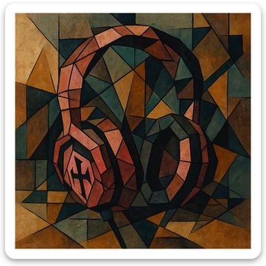 pink gothic headphones with fragmented shapes and dark accents, cubist abstraction style sticker