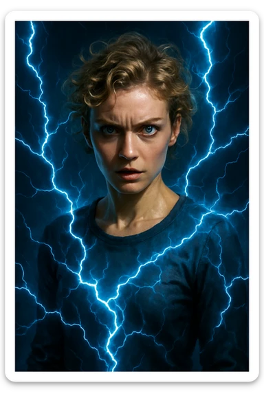a woman with short curly blonde hair, blue eyes, surrounded by blue lightning, intense expression sticker