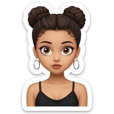 generate a pretty bratz girl in black cami top, dark brown messy bun, eyeliner on. dark brown eyes. NO EARRING sticker