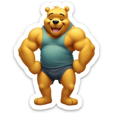 Winnie the pooh flexing big biceps with a big tummy and floppy untied sneakers sticker