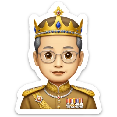 Cinematic Realistic King Bhumibol Adulyadej Portrait Emoji, depicted as a revered Thai monarch with a dignified expression and traditional royal attire, rendered with lifelike textures and soft regal lighting that captures his lasting legacy. sticker