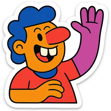 a smiling person with exaggerated nose, buck teeth, and hand raised, playful illustration, vibrant toon, bright and whimsical cartoon character sticker