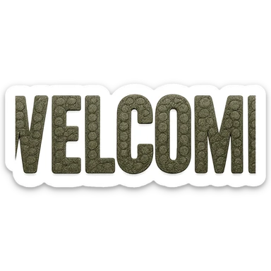 The word 'WELCOME' written in bold letters, each letter filled with a realistic crocodile skin pattern, textured and greenish. sticker