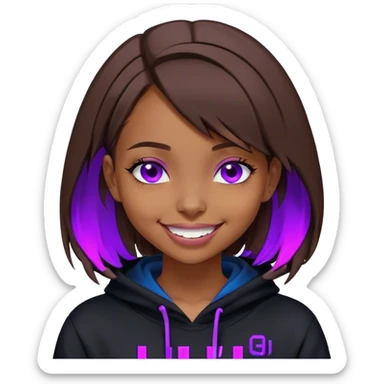 brown haired girl with a bob and blue eyes wearing black hoody with violet letters "Lu", laughs. Cyberpunk style. Violet neon. sticker
