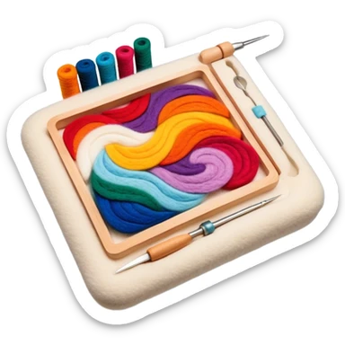 Felt art icon, colorful felt pieces being layered and shaped into a picture or decorative piece, felting needle and tools, intricate felted design in progress, minimalistic style, clean lines, transparent background. sticker