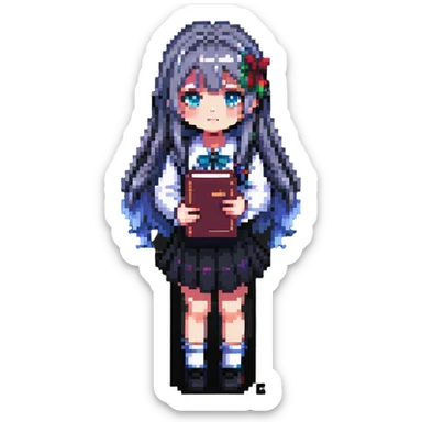 Japanese anime schoolgirl with long hair holding a book in pixel art style sticker