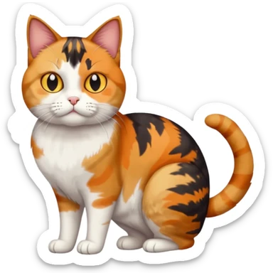 full body colourful calico tabby cat with skinny head and fat body with an anxious face sticker