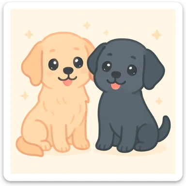 two animated dogs together, a golden retriever and a black labrador, warm illustration style sticker