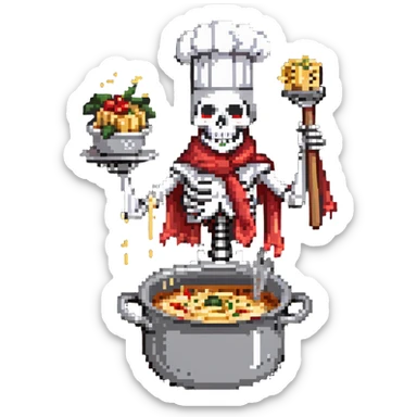 Papyrus from Undertale cooking spaghetti, tall skeleton with red scarf and white armor, enthusiastically stirring pasta in a pot, chef hat sticker