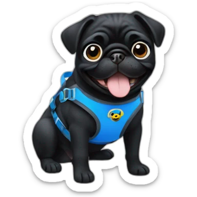 Black pug smiling in blue harness sticker