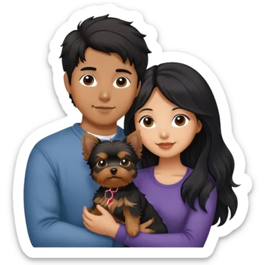 A couple holding a small Yorkshire Terrier together. The girl is Asian with long, luscious wavy black hair (loose, no hair tie). She is next to her boyfriend, a brown-skinned man with short middle part hair sticker