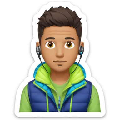 Cyberpunk street adult, hispanic, male, messy undercut, puffer vest over hoodie, glowing earpiece, light stubble, brown eyes, neon reflections sticker